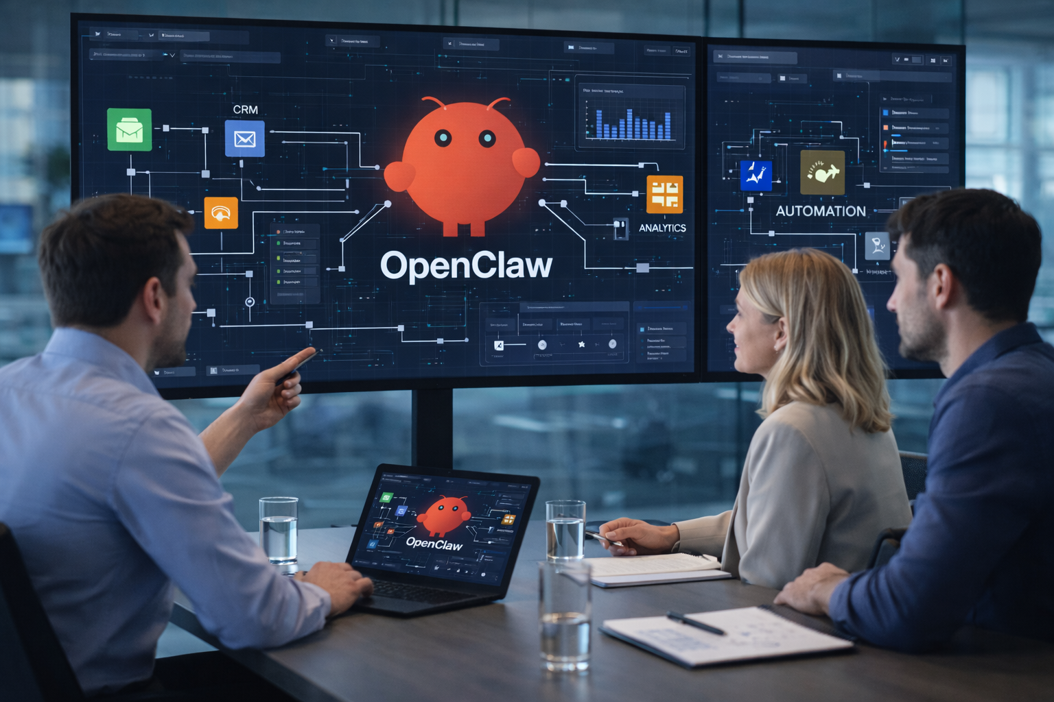 Business team reviewing an OpenClaw dashboard showing AI agents coordinating workflows across CRM, Slack, analytics, and automation platforms.